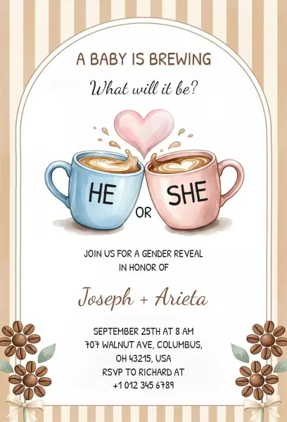 Charming Coffee Mug Gender Reveal Celebration Invitation Template