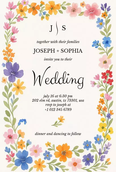 Charming Colorful Floral Wedding Celebration Invitation Template