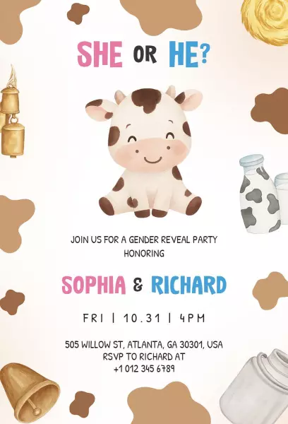 Charming Cow-Themed Gender Reveal Celebration Invitation Template