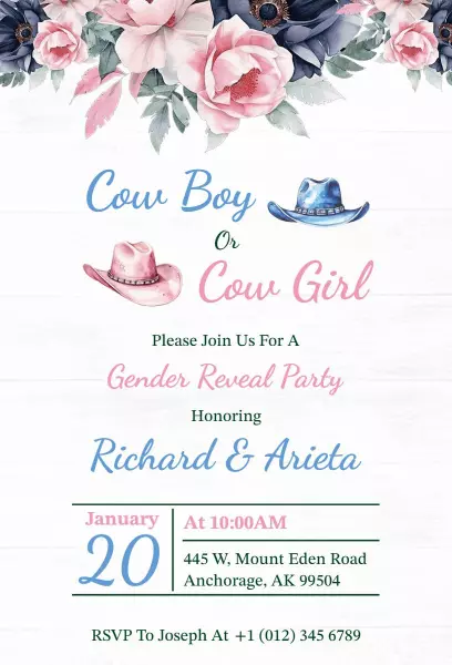 Charming Cowboy Cowgirl Gender Reveal Party Invitation Template