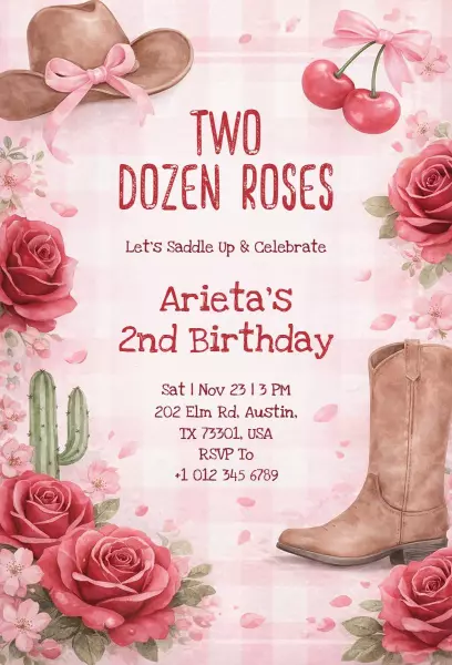 Charming Cowgirl Roses Themed Birthday Celebration Invitation Template