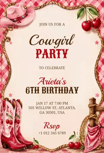 Charming Cowgirl Theme 6th Birthday Celebration Invitation Template