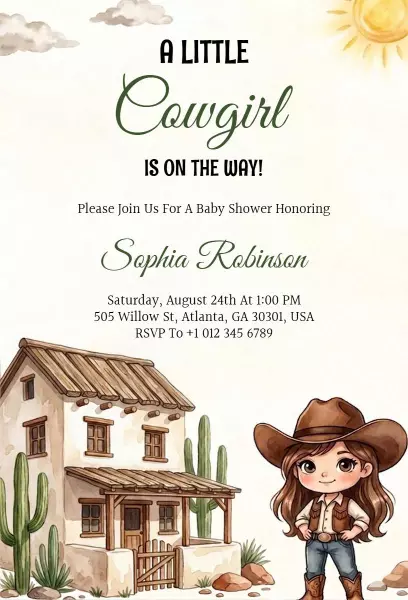 Charming Cowgirl Theme Baby Shower Celebration Invitation Template