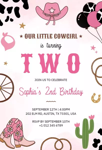 Charming Cowgirl Theme Pink Birthday Celebration Invitation Template