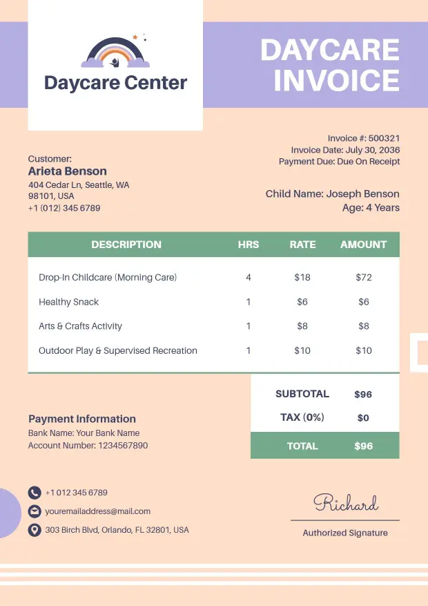 Charming Daycare Service with Child Activity Billing Invoice Template