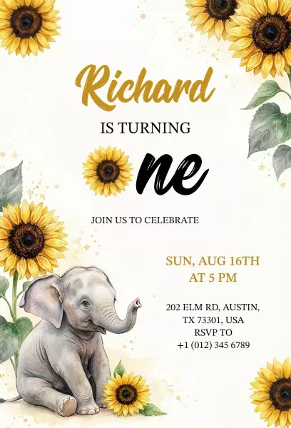 Charming Elephant Sunflower 1st Birthday Celebration Invitation Template