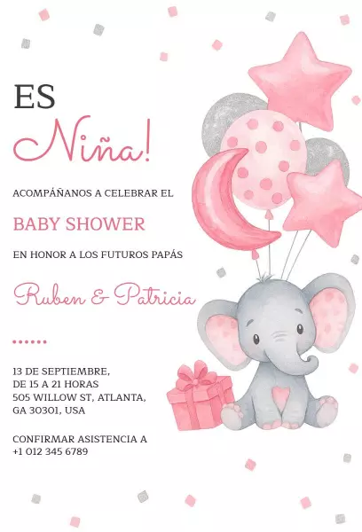 Charming Elephant Theme Pink Baby Shower Invitation Template