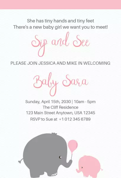 Charming Elephant Theme Sip & See Baby Celebration Invitation Template