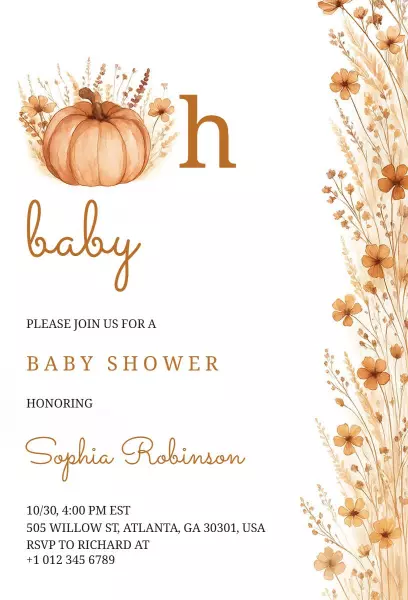 Charming Fall Pumpkin Themed Baby Shower Invitation Template