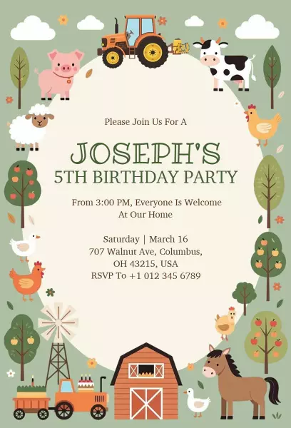Charming Farm Animal Fun 5th Birthday Celebration Invitation Template