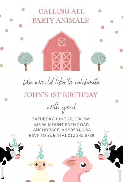 Charming Farm Animal Theme 1st Birthday Celebration Invitation Template