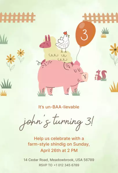 Charming Farm Animal Themed Birthday Celebration Invitation Template