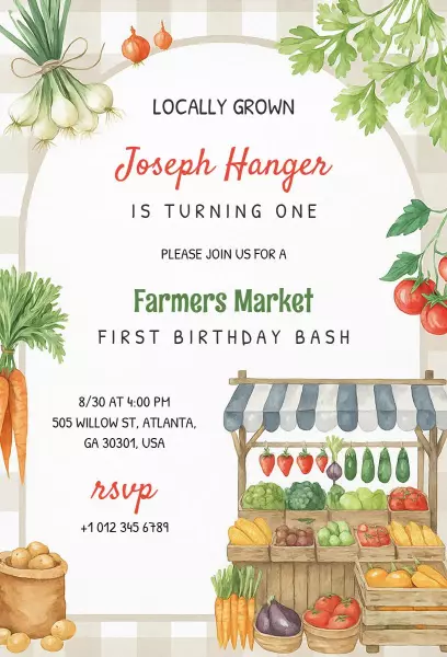 Charming Farmer's Market 1st Birthday Celebration Invitation Template