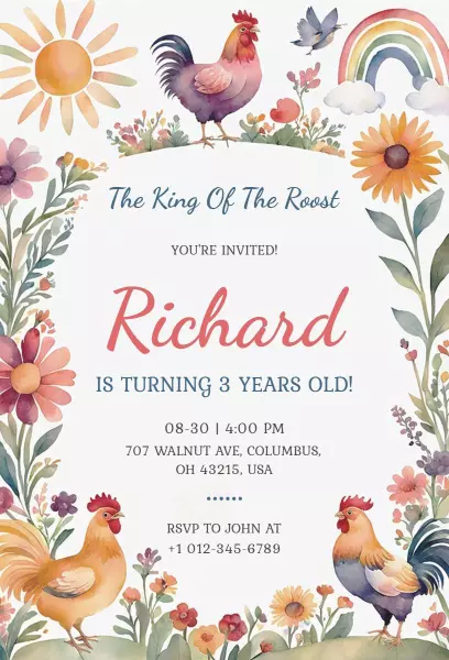 Charming Farmyard Rooster Colorful Birthday Invitation Template