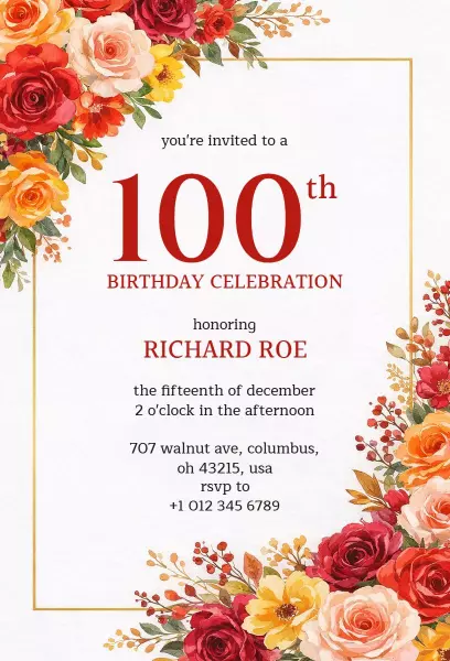 Charming Floral 100th Birthday Celebration Invitation Template