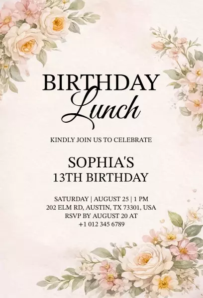 Charming Floral 13th Birthday Lunch Celebration Invitation Template