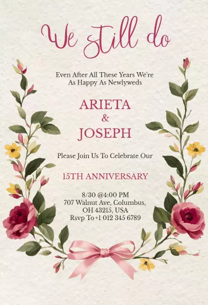 Charming Floral 15th Wedding Anniversary Celebration Invitation Template