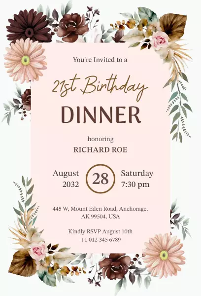 Charming Floral 21st Birthday Dinner Celebration Invitation Template