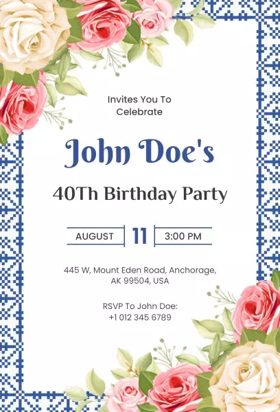 Charming Floral 40th Birthday Celebration Invitation Template