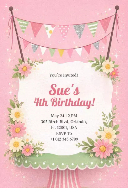 Charming Floral 4th Birthday Celebration Invitation Template