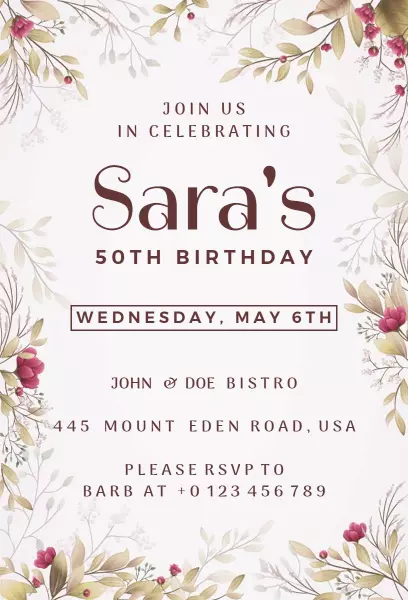 Charming Floral 50th Birthday Celebration Invitation Template