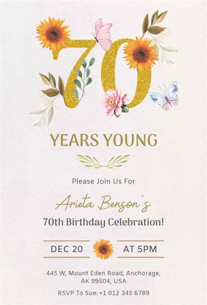 Charming Floral 70th Birthday Celebration Invitation Template