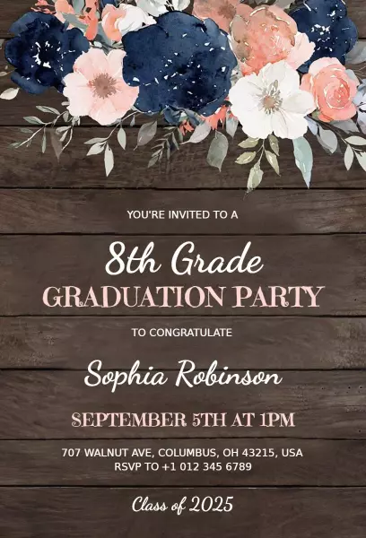 Charming Floral 8th Grade Graduation Party Invitation Template