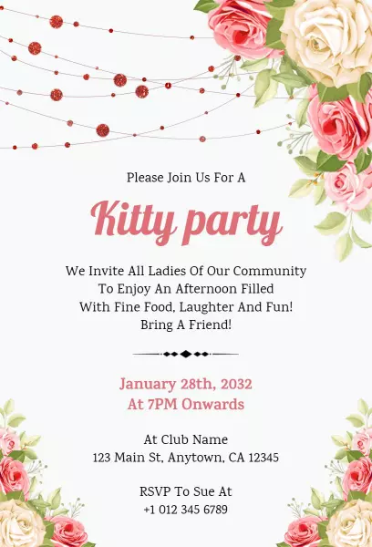 Charming Floral Afternoon Kitty Party Invitation Template
