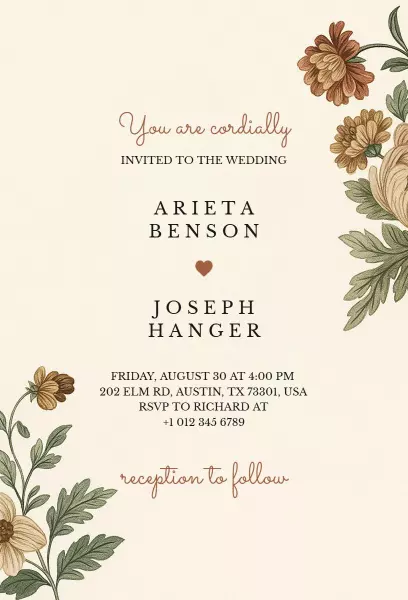 Charming Floral Antique Style Vintage Wedding Invitation Template