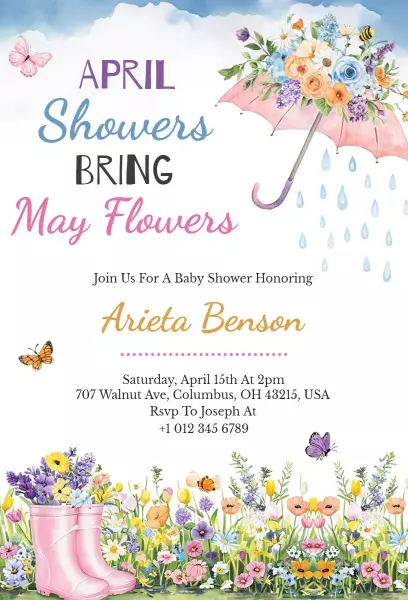 Charming Floral April Showers Baby Shower Invitation Template