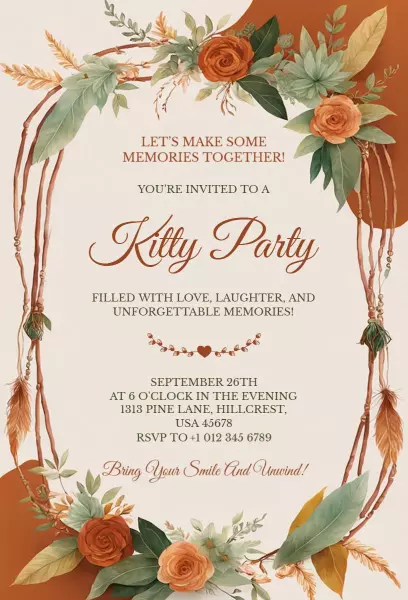 Charming Floral Autumn Kitty Party Celebration Invitation Template