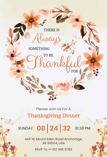 Charming Floral Autumn Thanksgiving Dinner Invitation Template