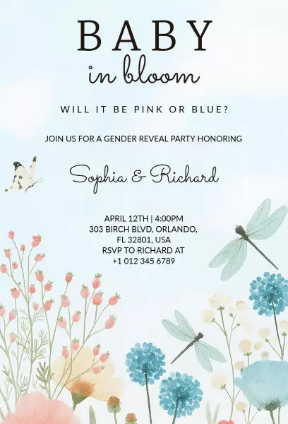 Charming Floral Baby Gender Reveal Celebration Invitation Template