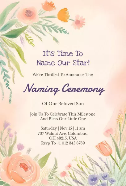 Charming Floral Baby Naming Ceremony Celebration Invitation Template