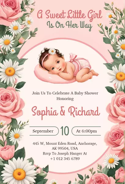 Charming Floral Baby Shower Celebrating Sweet Little Girl Invitation Template