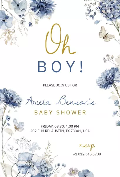 Charming Floral Blue Baby Shower Celebration Invitation Template