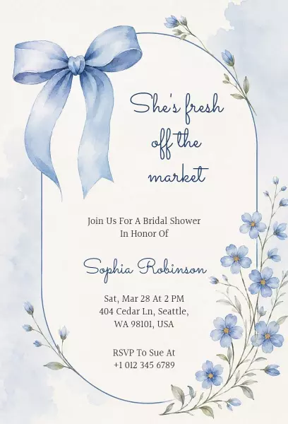 Charming Floral Blue Ribbon Bridal Shower Invitation Template