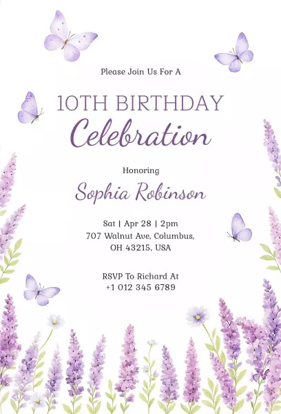 Charming Floral Butterflies 10th Birthday Celebration Invitation Template