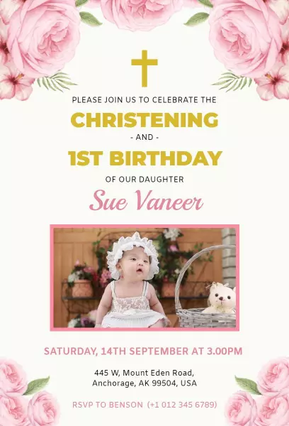 Charming Floral Christening 1st Birthday Celebration Invitation Template