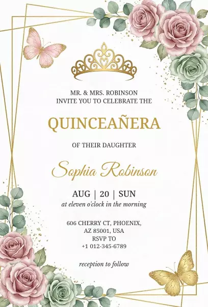 Charming Floral Crown Quinceanera Celebration Invitation Template