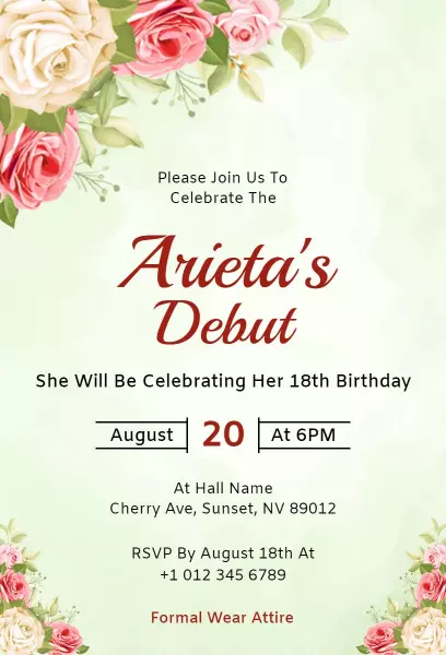 Charming Floral Debutante 18th Birthday Celebration Invitation Template