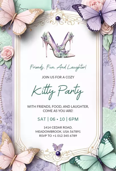 Charming Floral Elegance Cozy Kitty Party Invitation Template