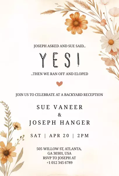 Charming Floral Elopement Backyard Celebration Invitation Template