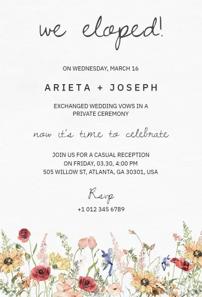Charming Floral Elopement Celebration Ceremony Invitation Template
