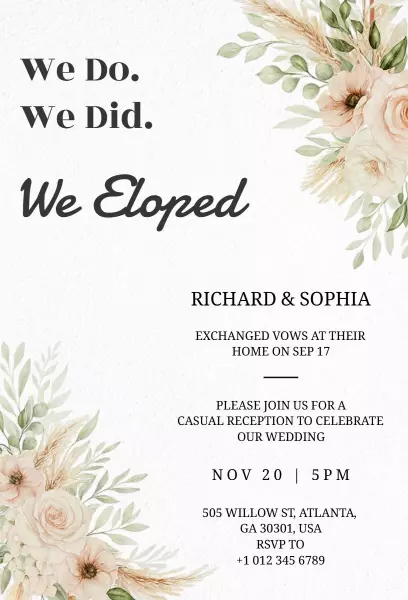 Charming Floral Elopement Celebration Reception Invitation Template
