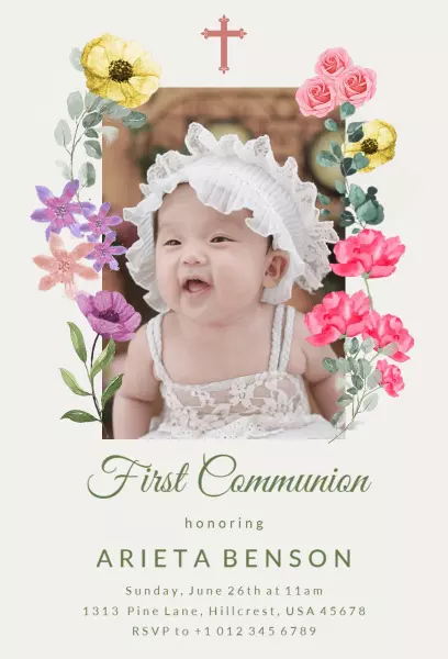 Charming Floral First Communion Celebration Invitation Template
