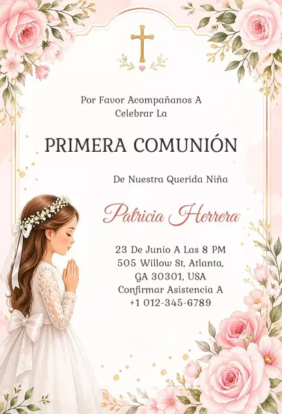 Charming Floral First Communion Ceremony Invitation Template