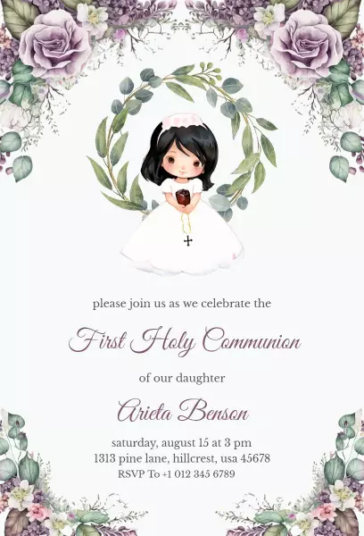 Charming Floral First Holy Communion Celebration Invitation Template