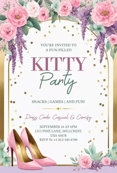 Charming Floral Fun-Filled Kitty Party Invitation Template