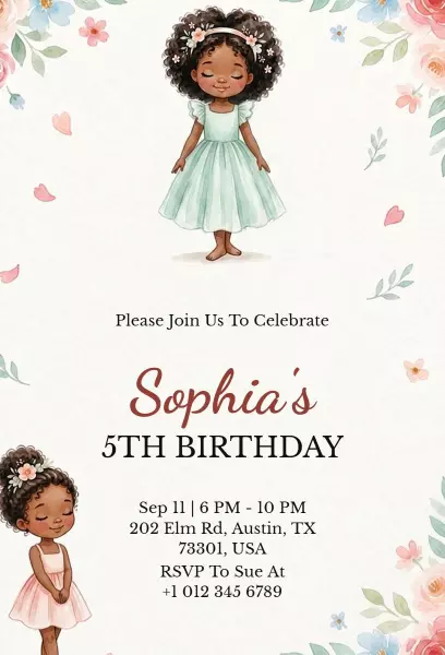 Charming Floral Girls 5th Birthday Celebration Invitation Template